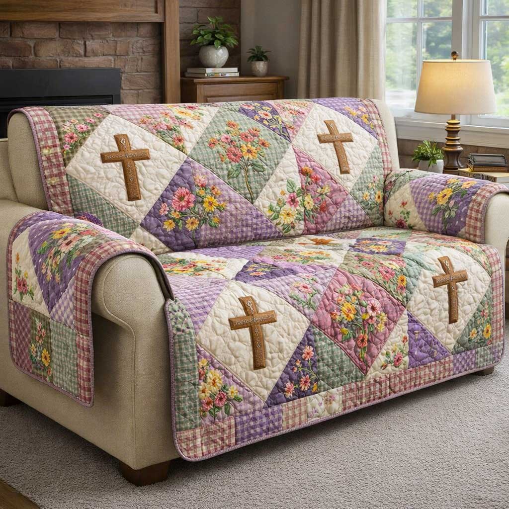 Wooden Crosses Among Pastel Flowers Sofa Cover