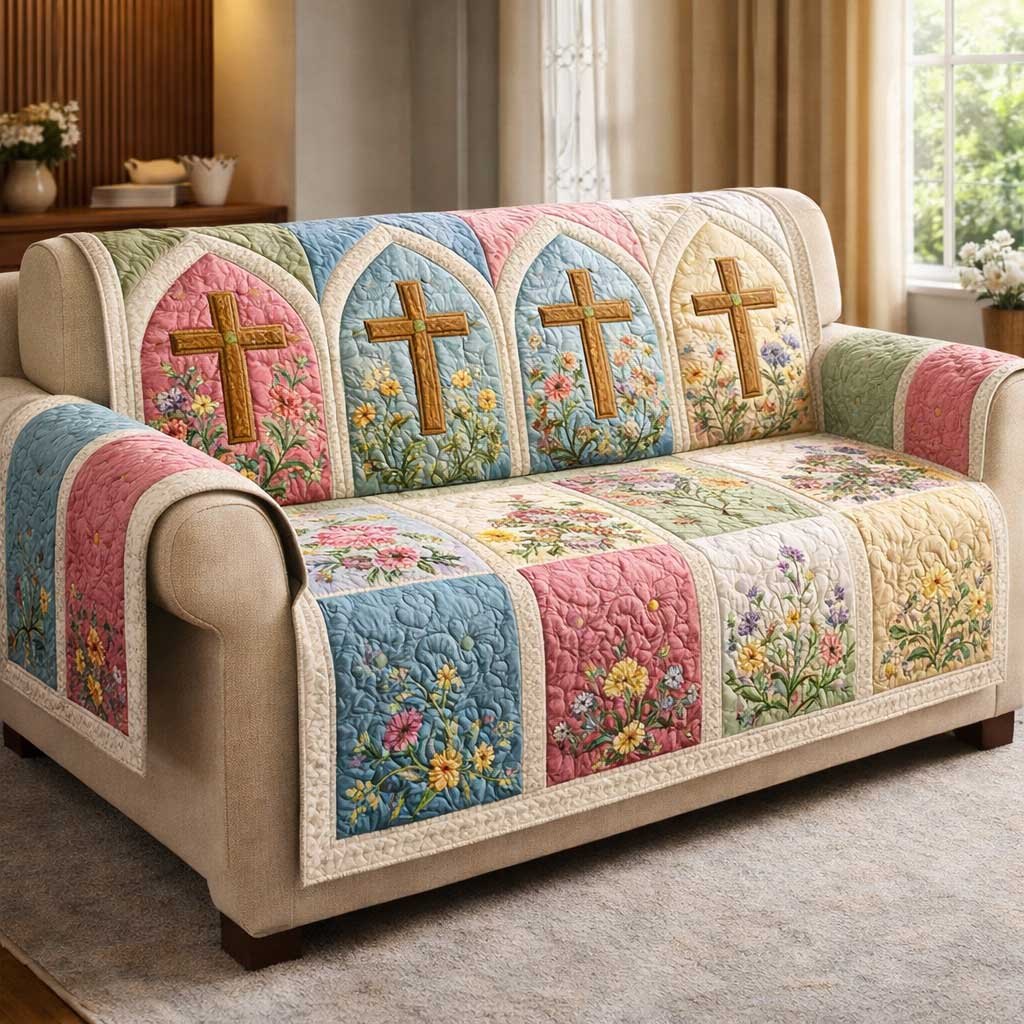 Crosses on Blue and Pink Floral Blocks Sofa Cover