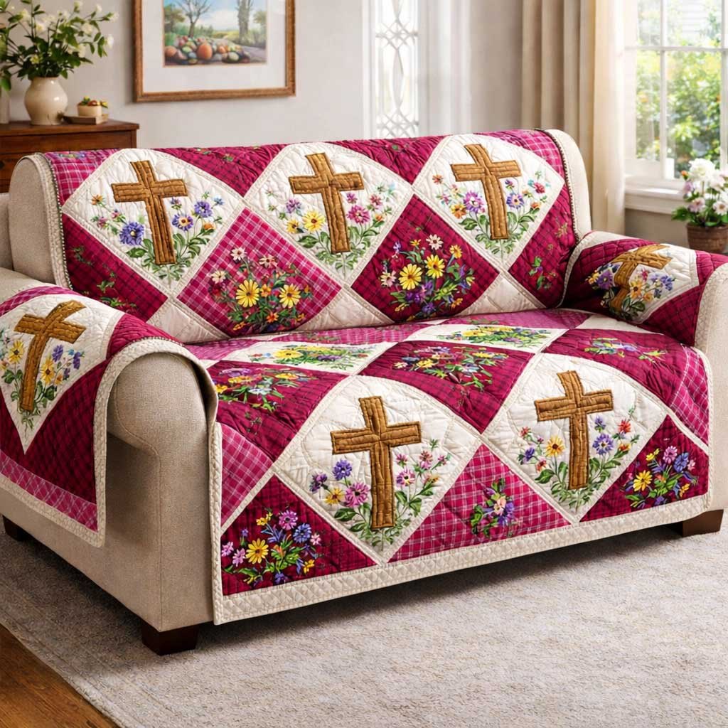 Crosses on Magenta Floral Diamonds Sofa Cover