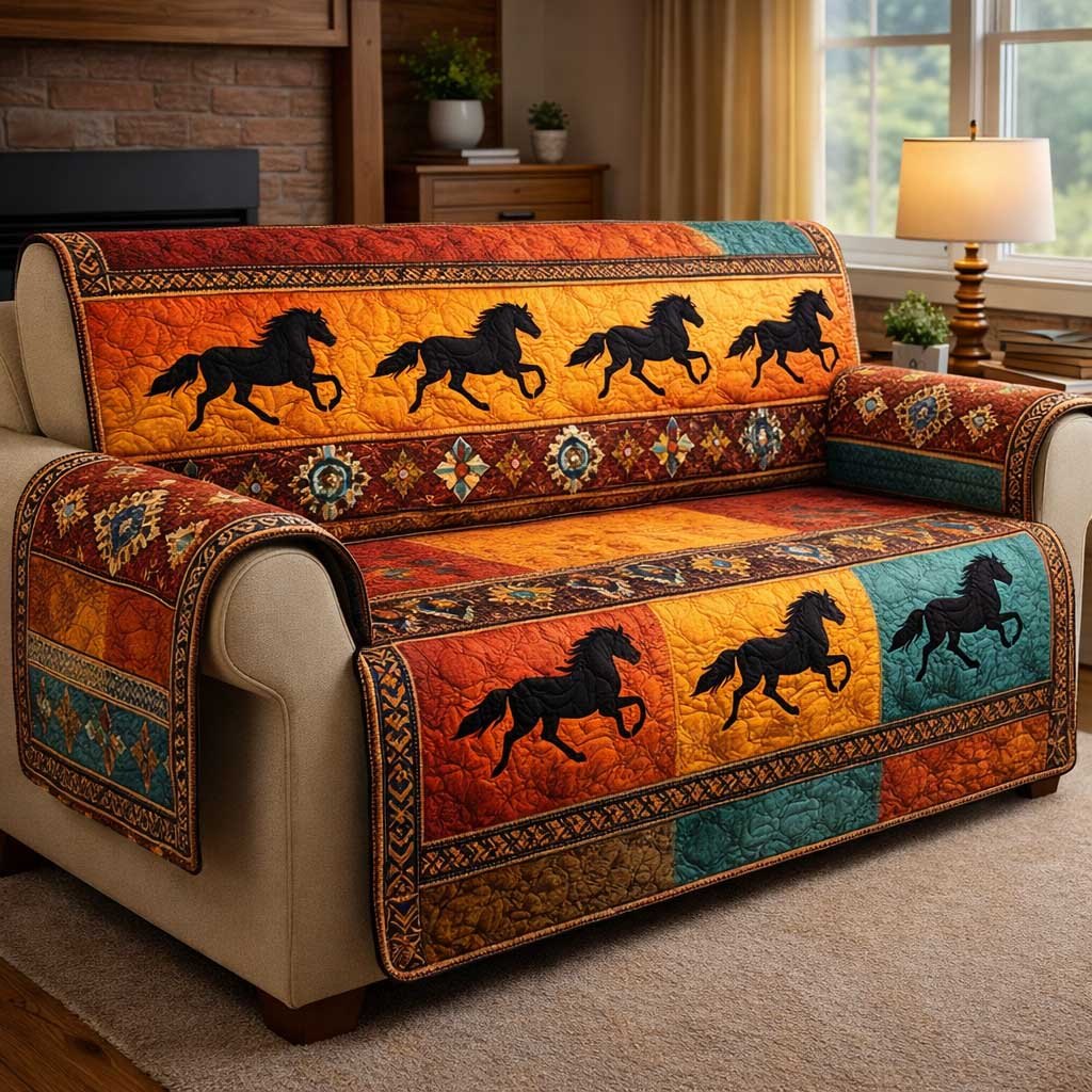 Running Horses on Amber Sunset Bands Sofa Cover