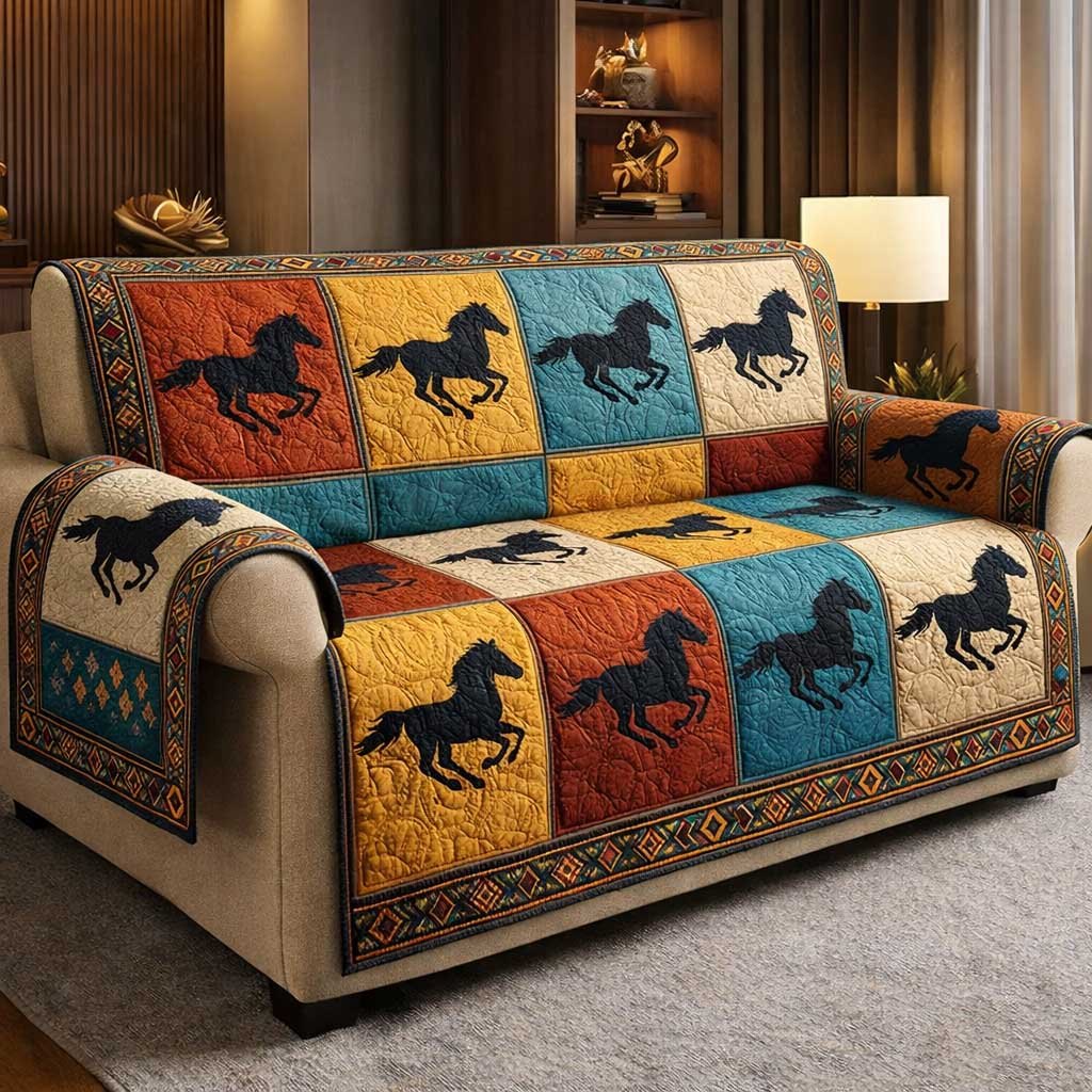 Horse Silhouettes on Teal and Orange Blocks Sofa Cover