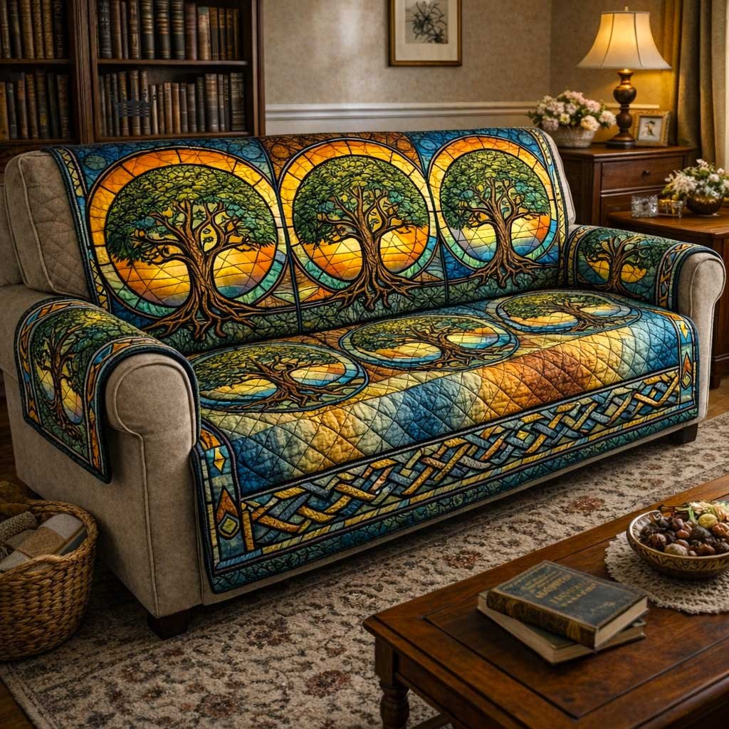 Celtic Tree Arches in Gold and Blue Sofa Cover