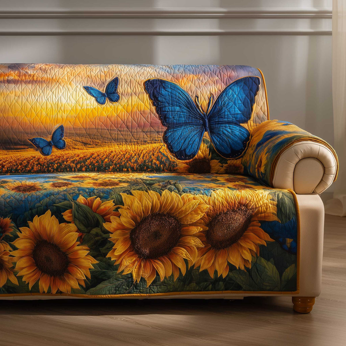 Blue Butterfly over Sunflowers Sofa Cover