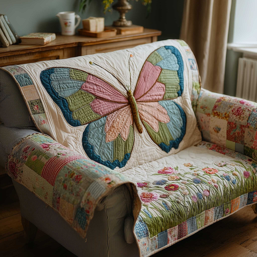 Pastel Butterfly on Patchwork Sofa Cover