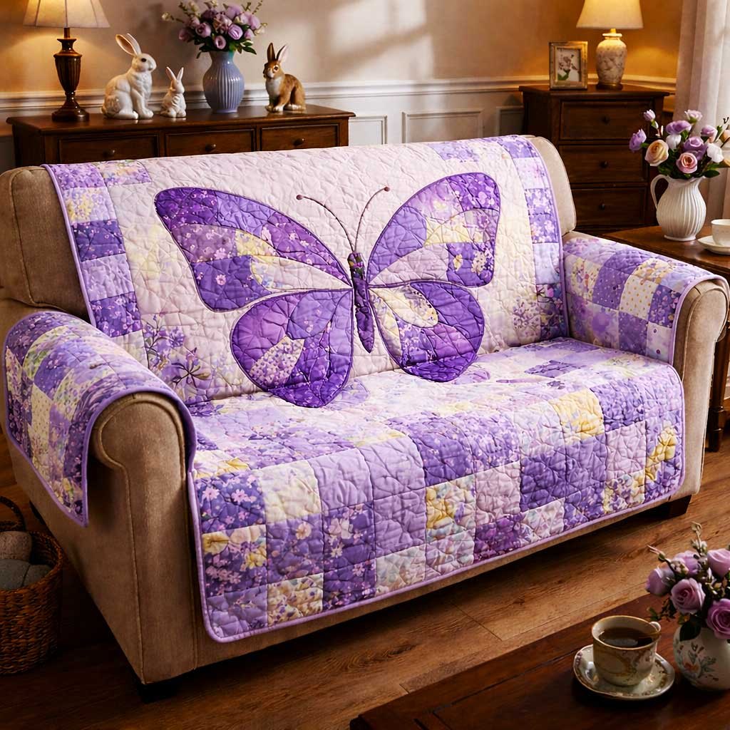 Purple Butterfly on Lavender Checks Sofa Cover