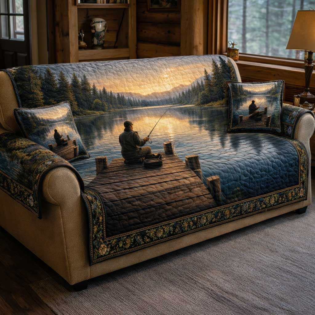 Angler on the Misty Lake Dock Sofa Cover