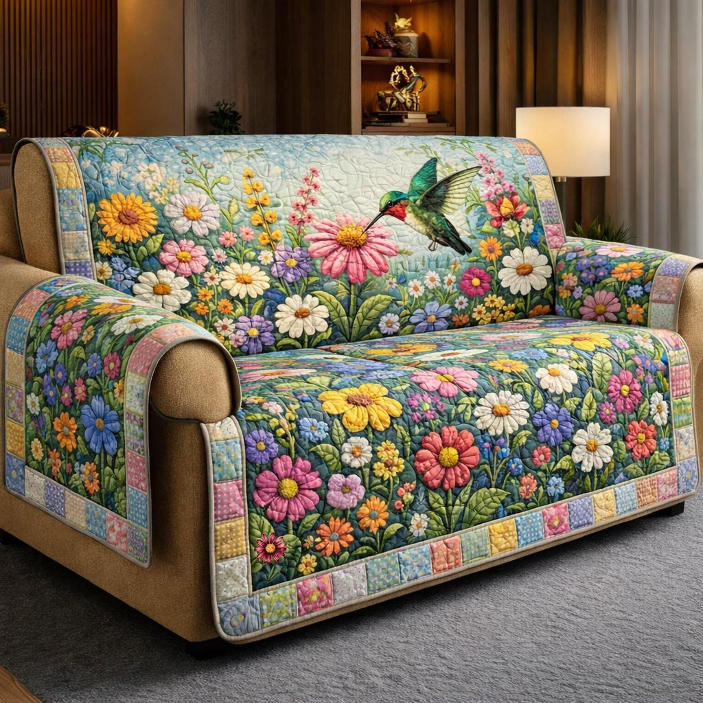 Hummingbird in the Pink Daisy Garden Sofa Cover