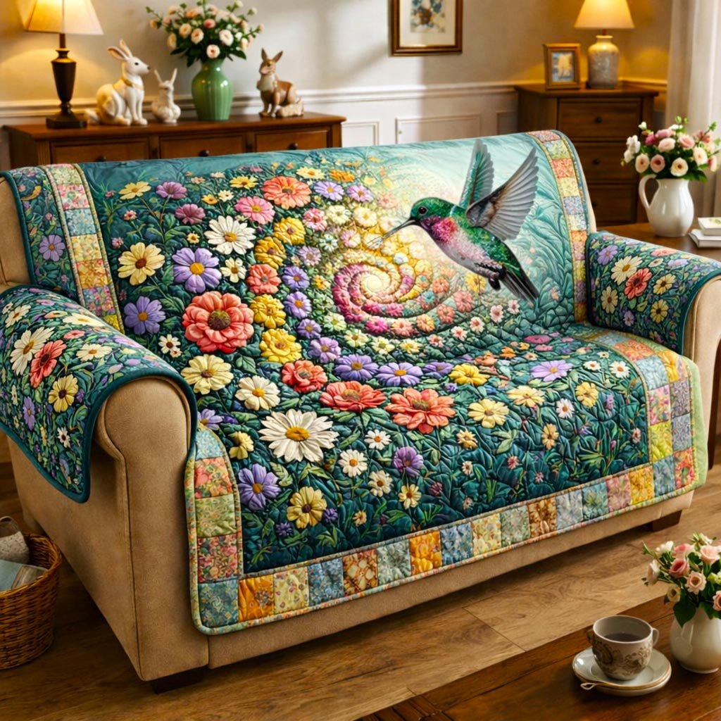 Hummingbird Over the Swirling Flower Bed Sofa Cover