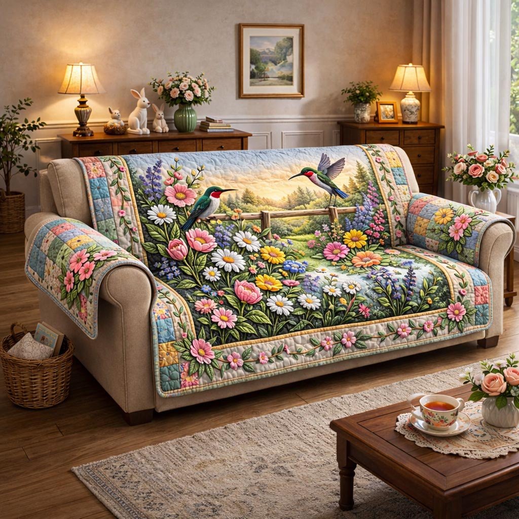 Hummingbirds Above the Spring Meadow Sofa Cover