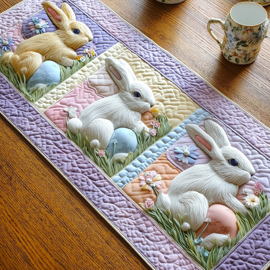 White Bunnies with Eggs in Pastel Blocks Table Runner