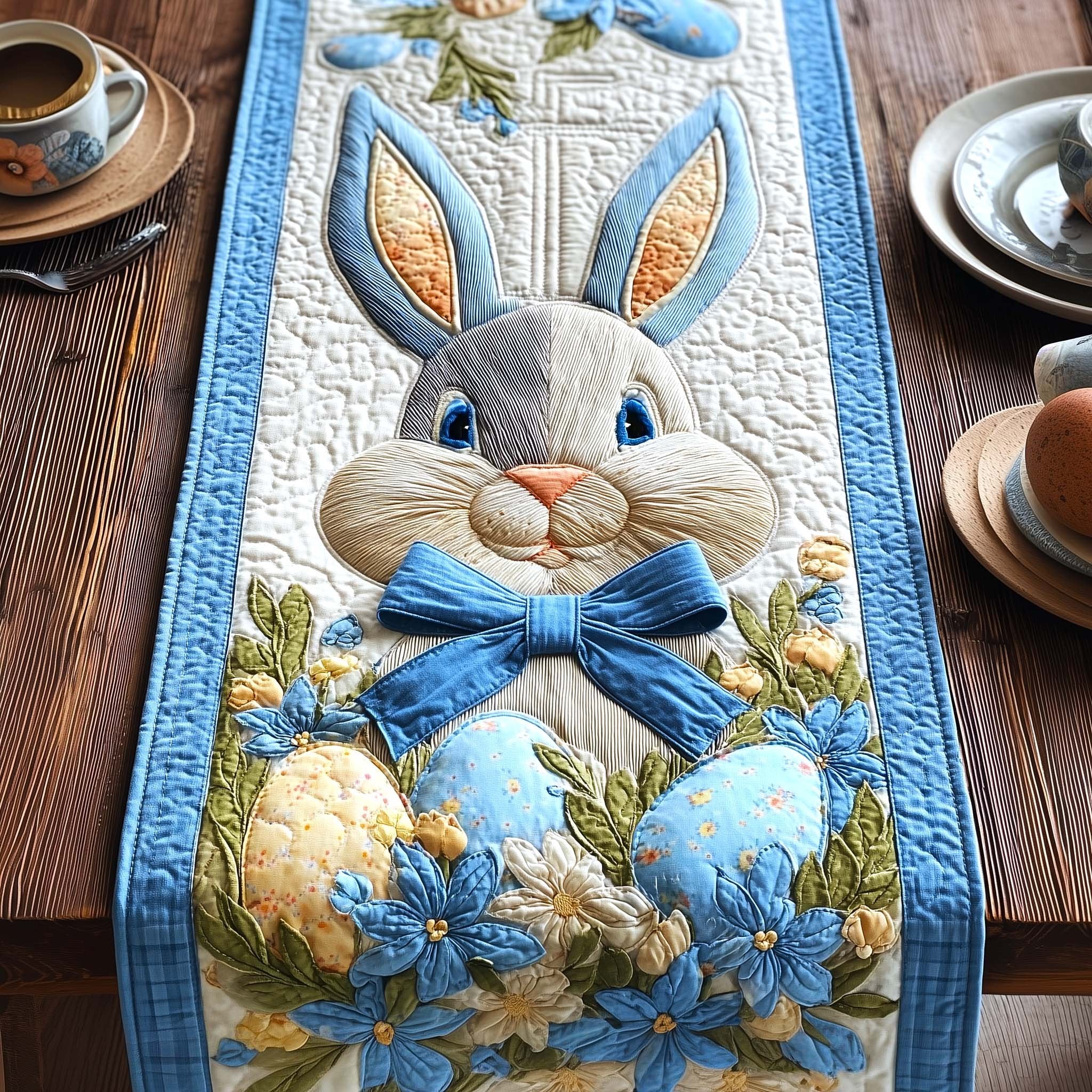 Grey Bunny with Blue Bow Table Runner