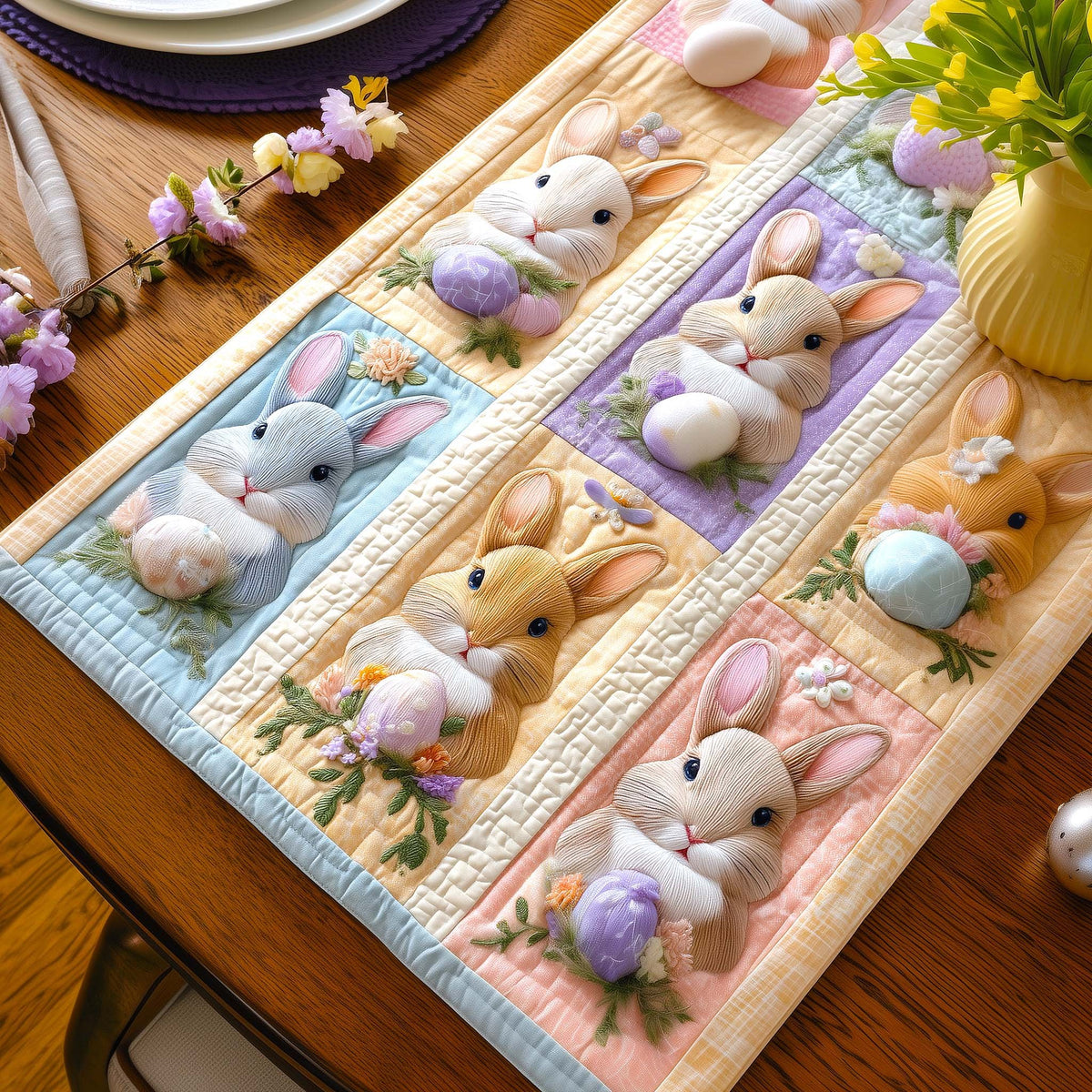 Bunnies in Pastel Pane Squares Table Runner