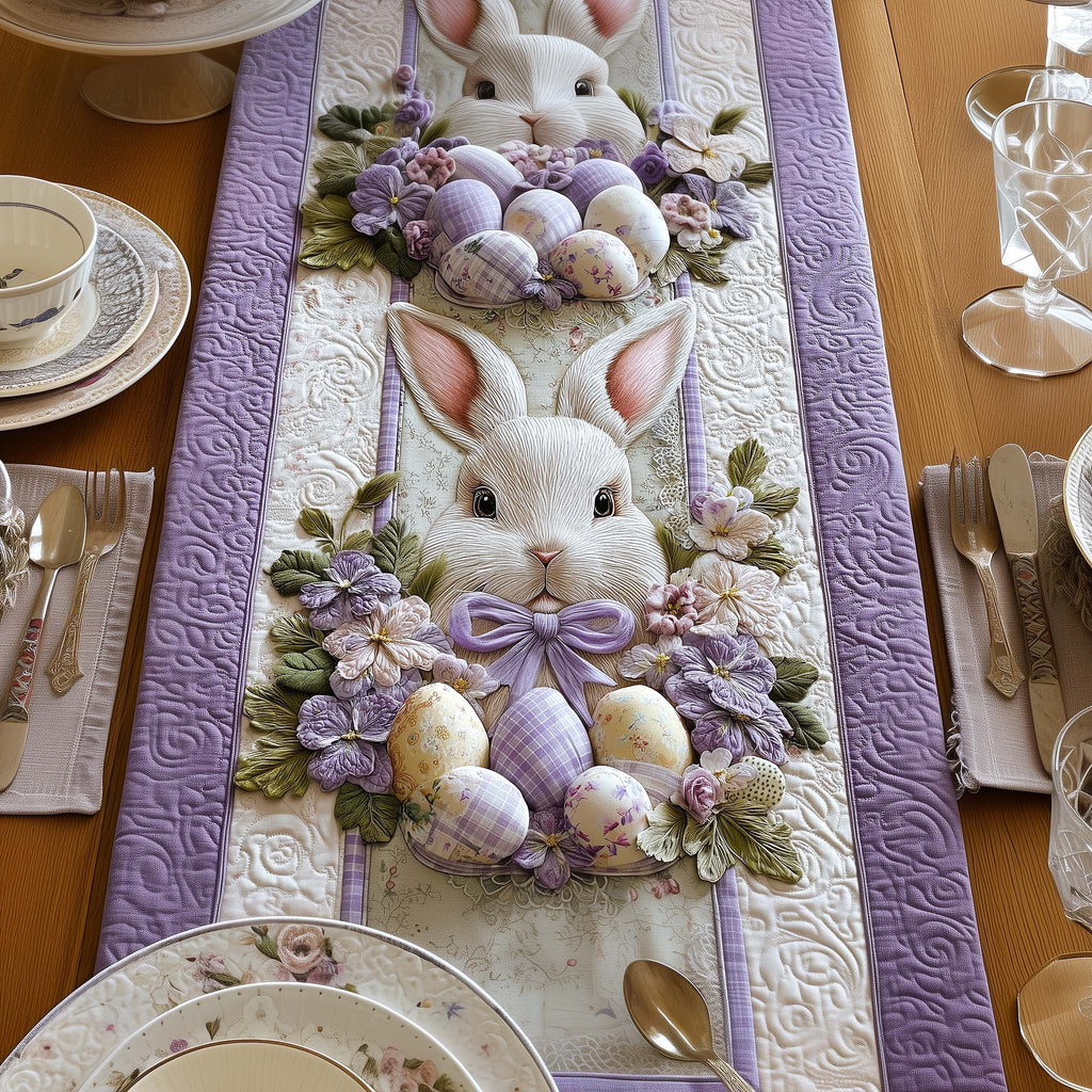 White Bunny in a Purple Wreath Table Runner