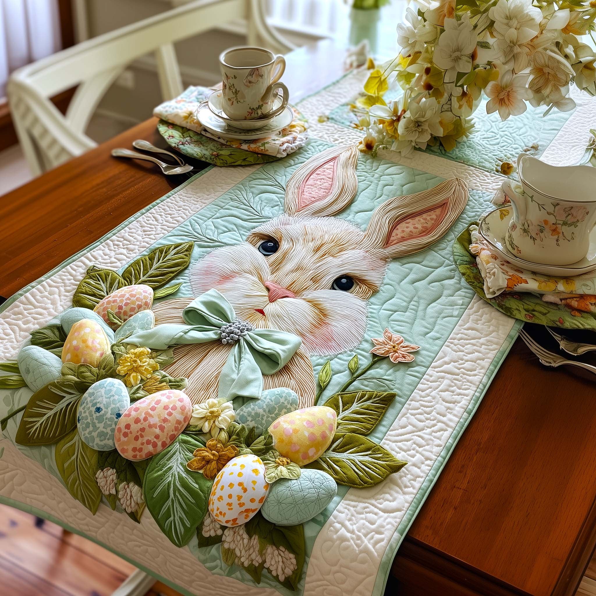 Bunny with a Green Bow and Eggs Table Runner
