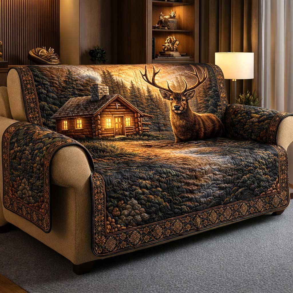 Elk Beside the Glowing Cabin Sofa Cover