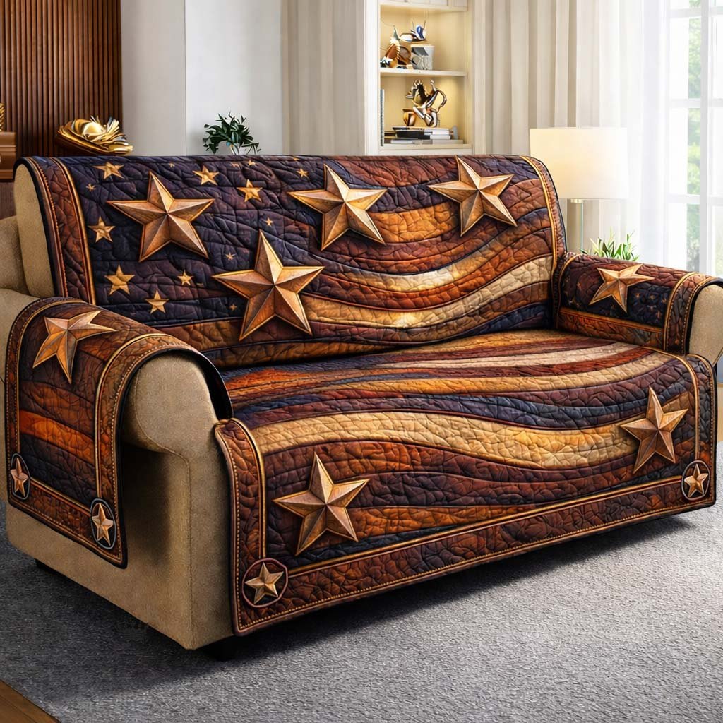 Wooden Stars on Rustic Flag Stripes Sofa Cover
