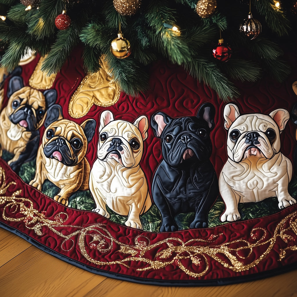 Frenchie Four on Berry Red Christmas Tree Skirt