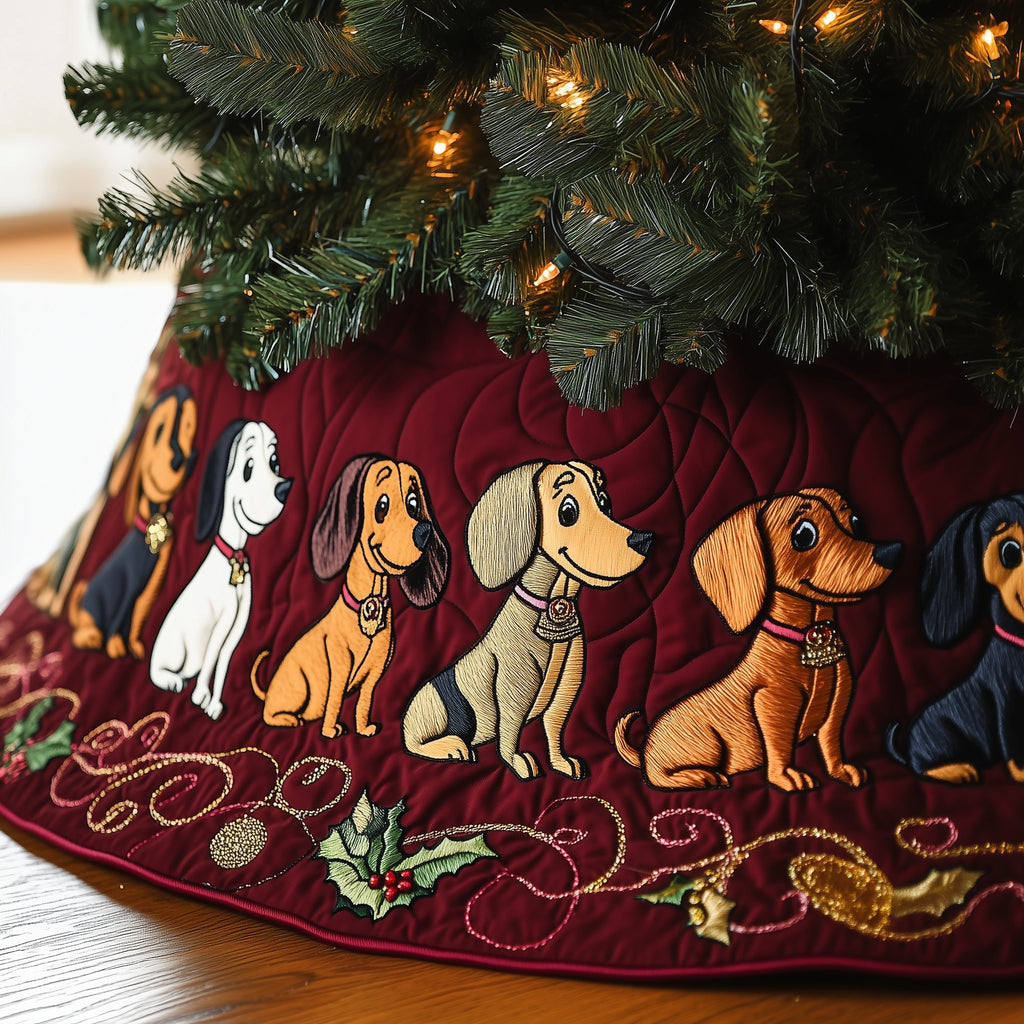 Dachshund Friends on Wine Red Christmas Tree Skirt