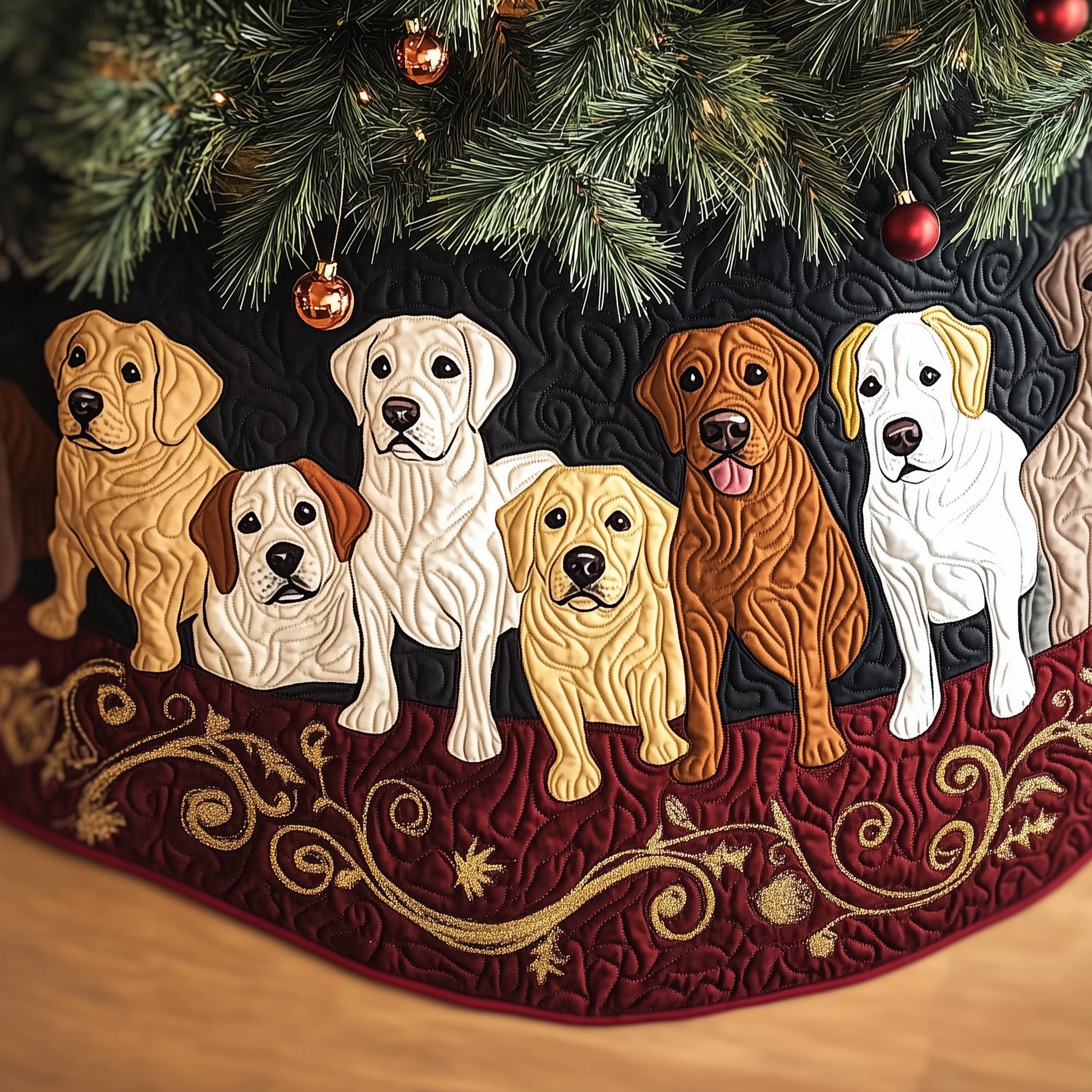 Labradors on Burgundy with Gold Swirls Christmas Tree Skirt