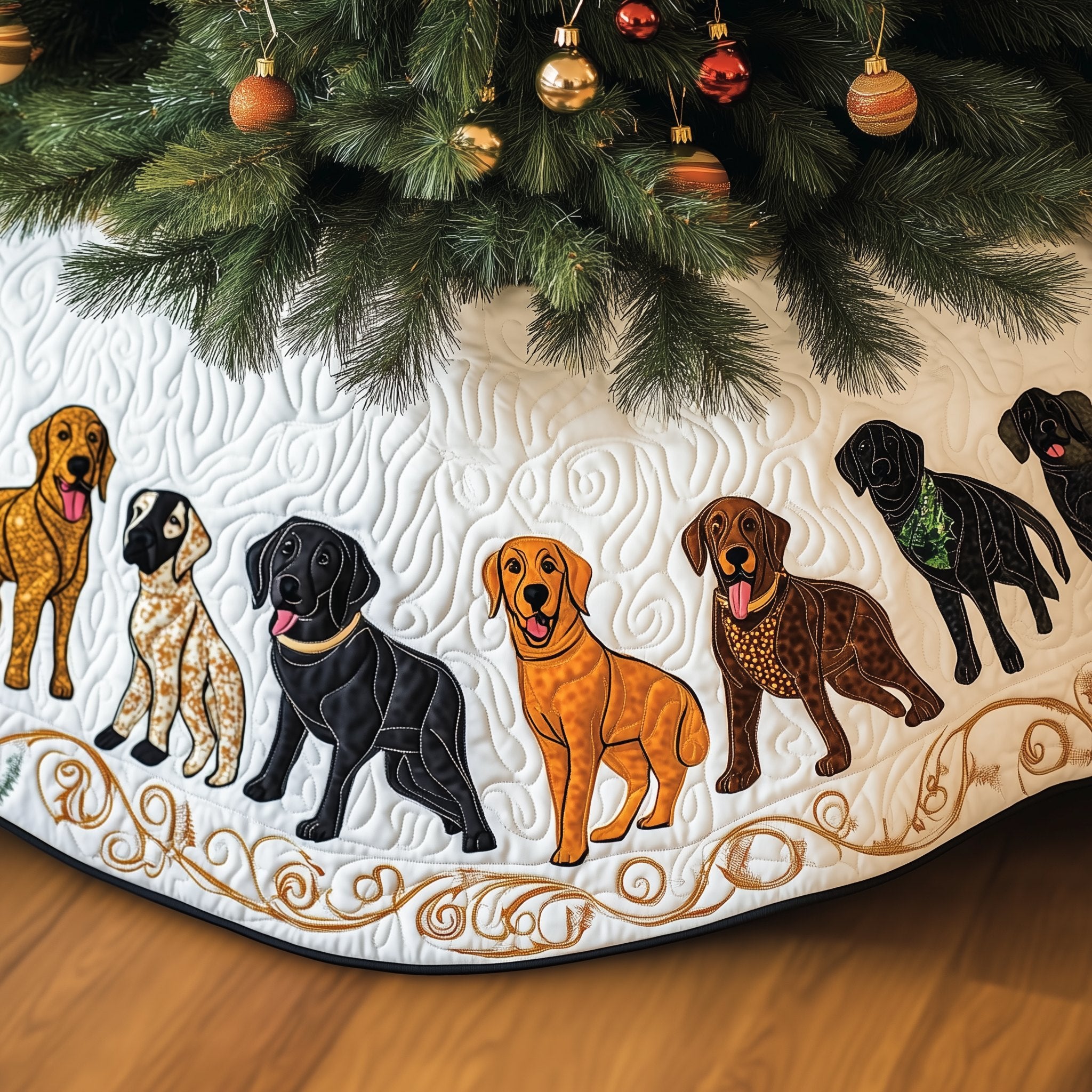 Labrador Line Up on White Swirls Christmas Tree Skirt