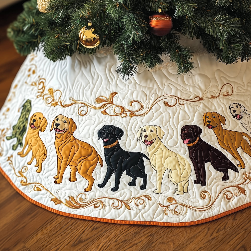 Labradors Above the Orange Scroll Border Christmas Tree Skirt