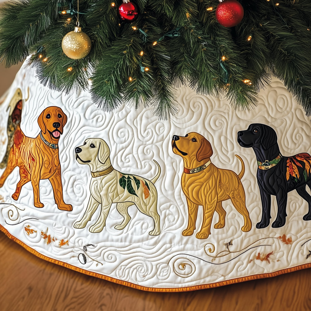 Labradors with Gold Collars on White Christmas Tree Skirt