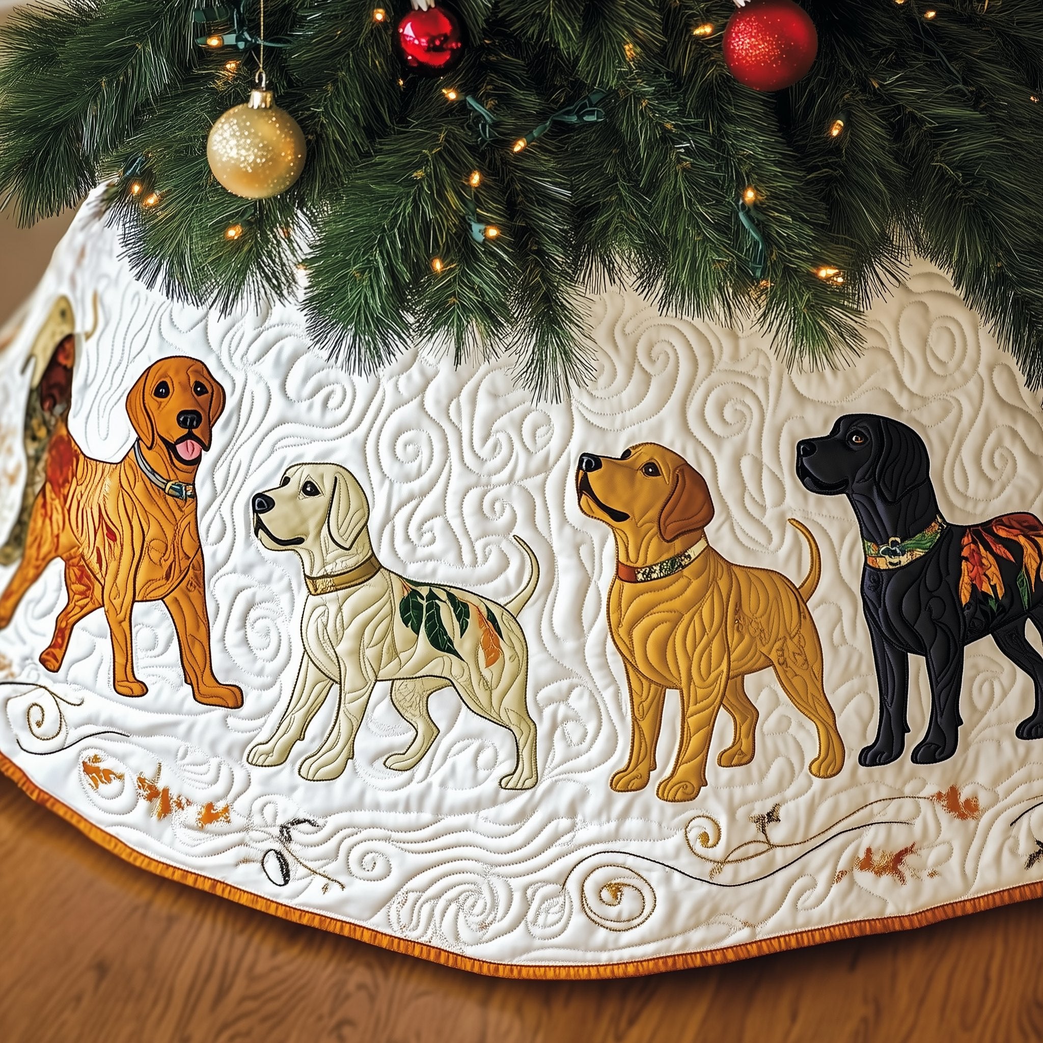 Labradors with Gold Collars on White Christmas Tree Skirt