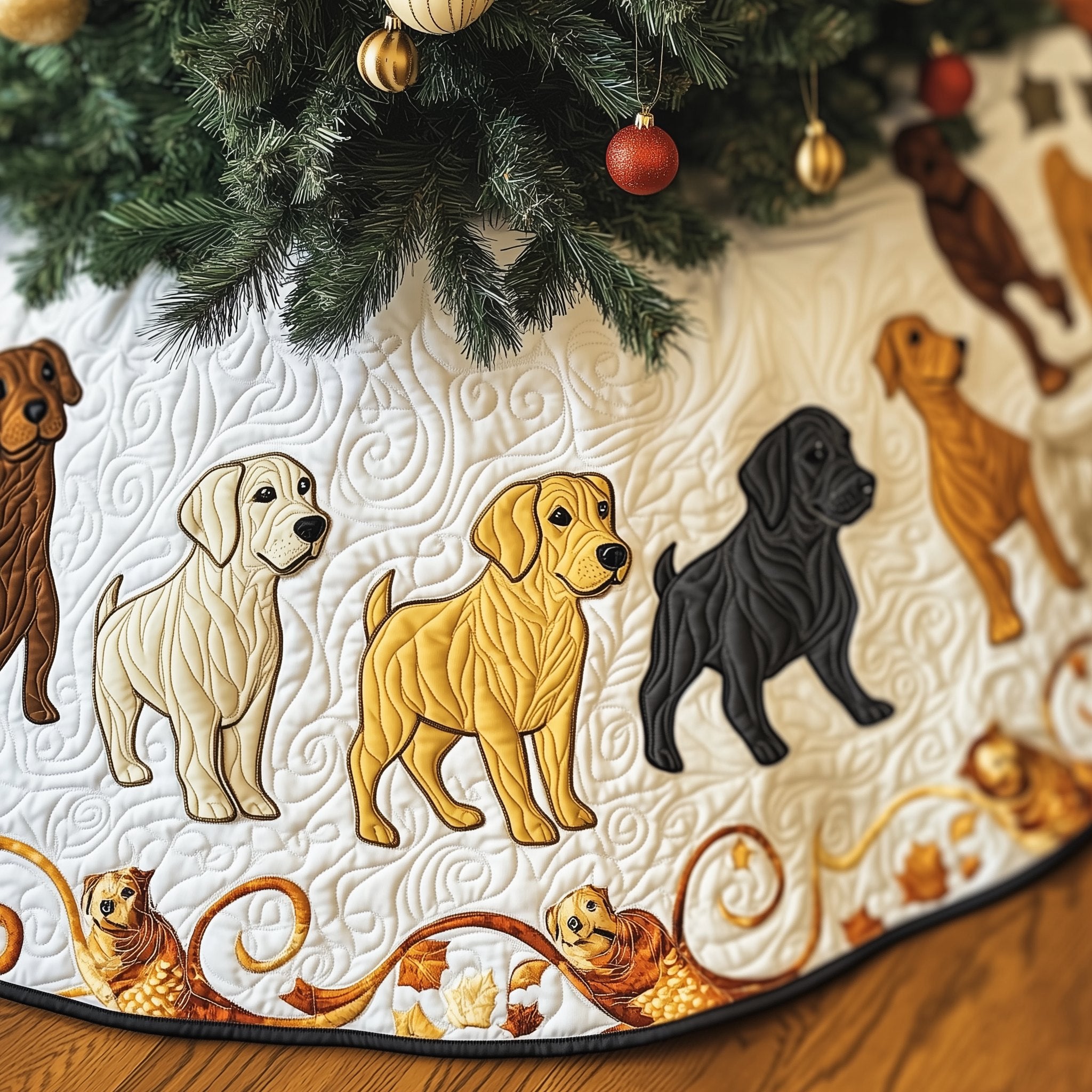Labrador Puppies on White Quilting Christmas Tree Skirt