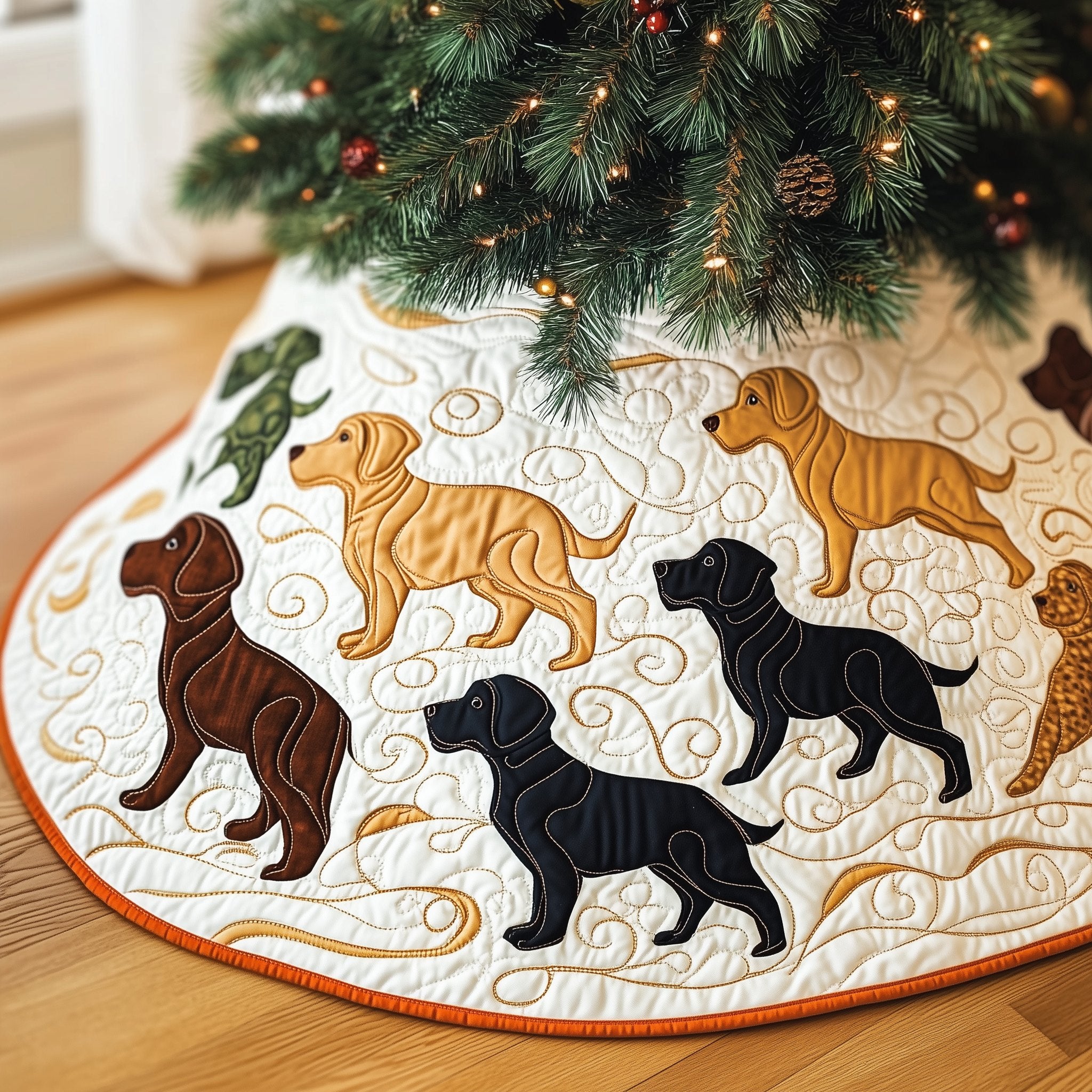 Chocolate and Black Labradors on Ivory Christmas Tree Skirt