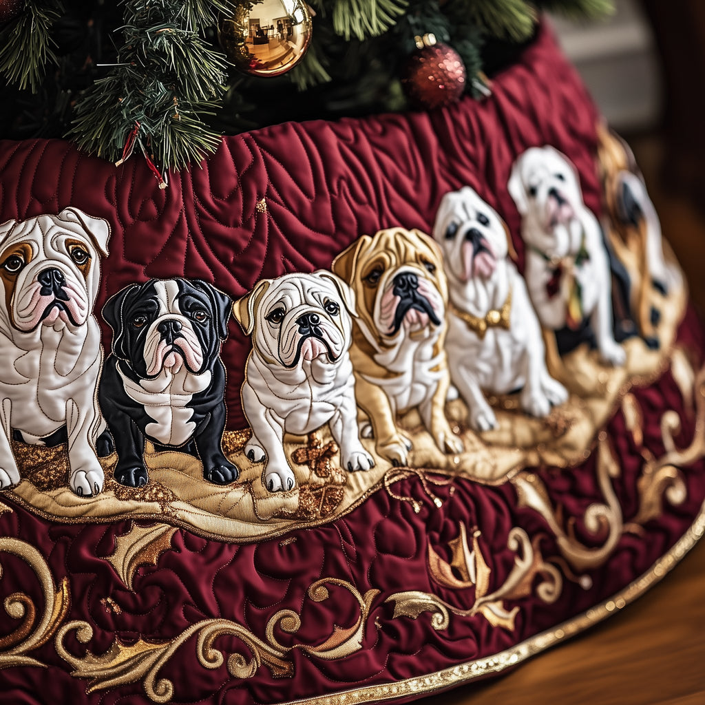 Bulldogs on Burgundy Gold Scroll Christmas Tree Skirt