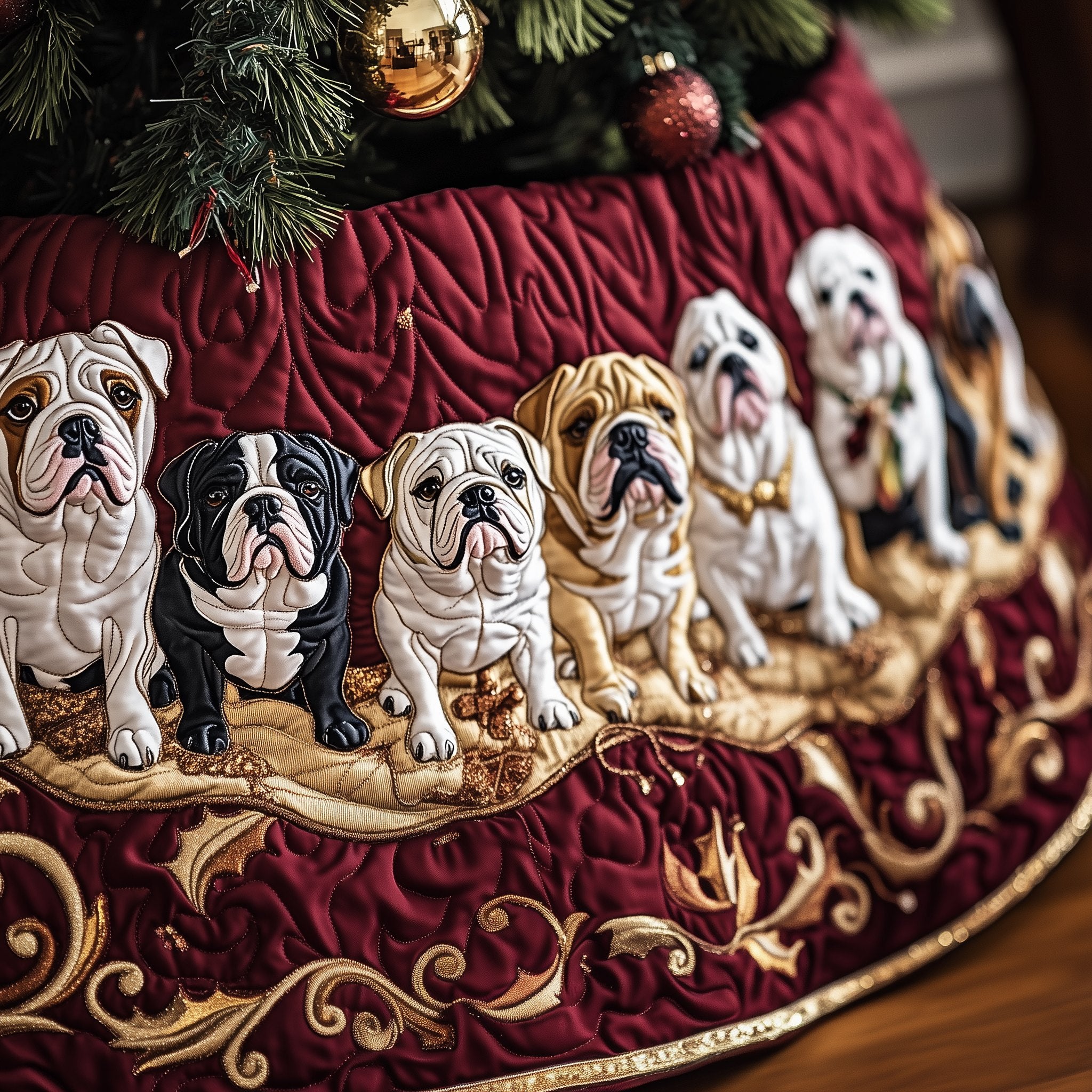 Bulldogs on Burgundy Gold Scroll Christmas Tree Skirt