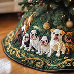 Bulldogs on Green with Gold Vines Christmas Tree Skirt
