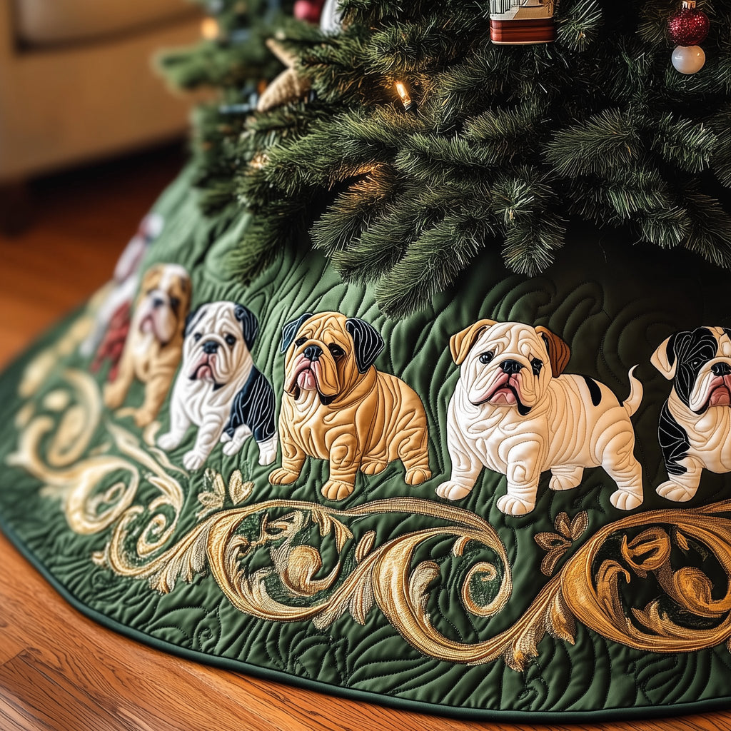 Tan Bulldogs on Green Quilt Christmas Tree Skirt