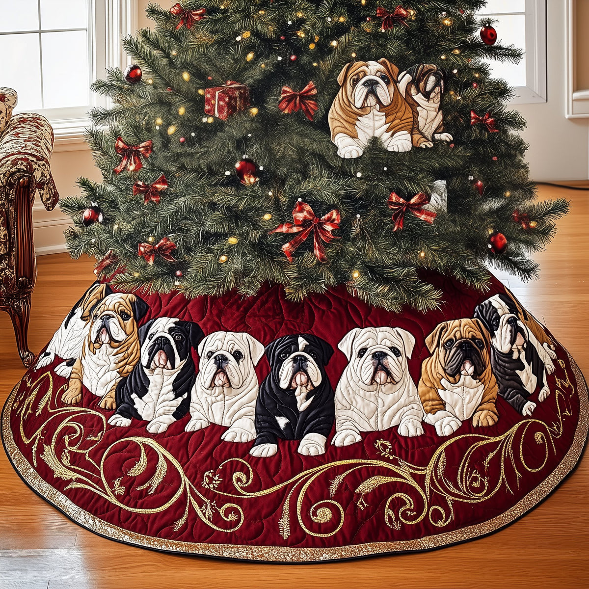 Bulldogs on Red Gold Scrollwork Christmas Tree Skirt