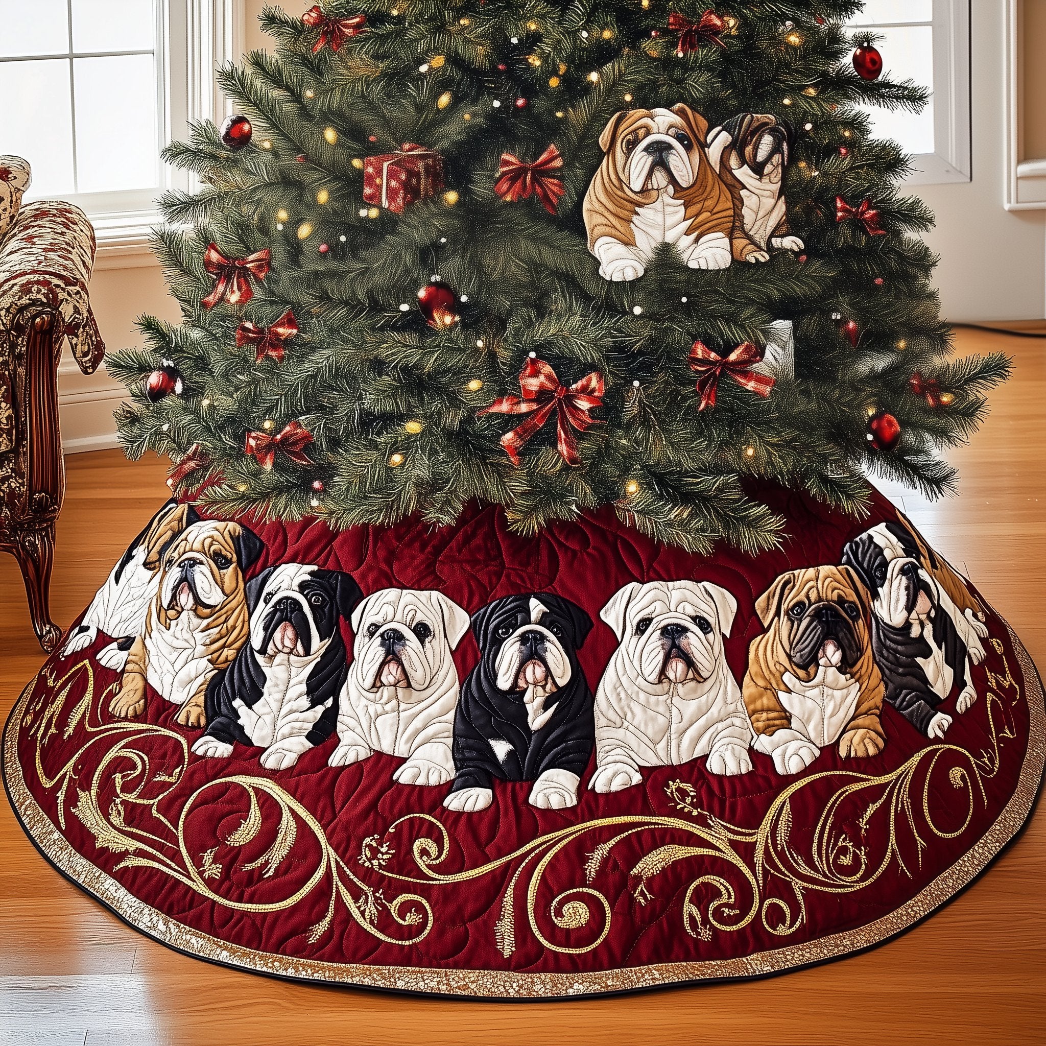 Bulldogs on Red Gold Scrollwork Christmas Tree Skirt