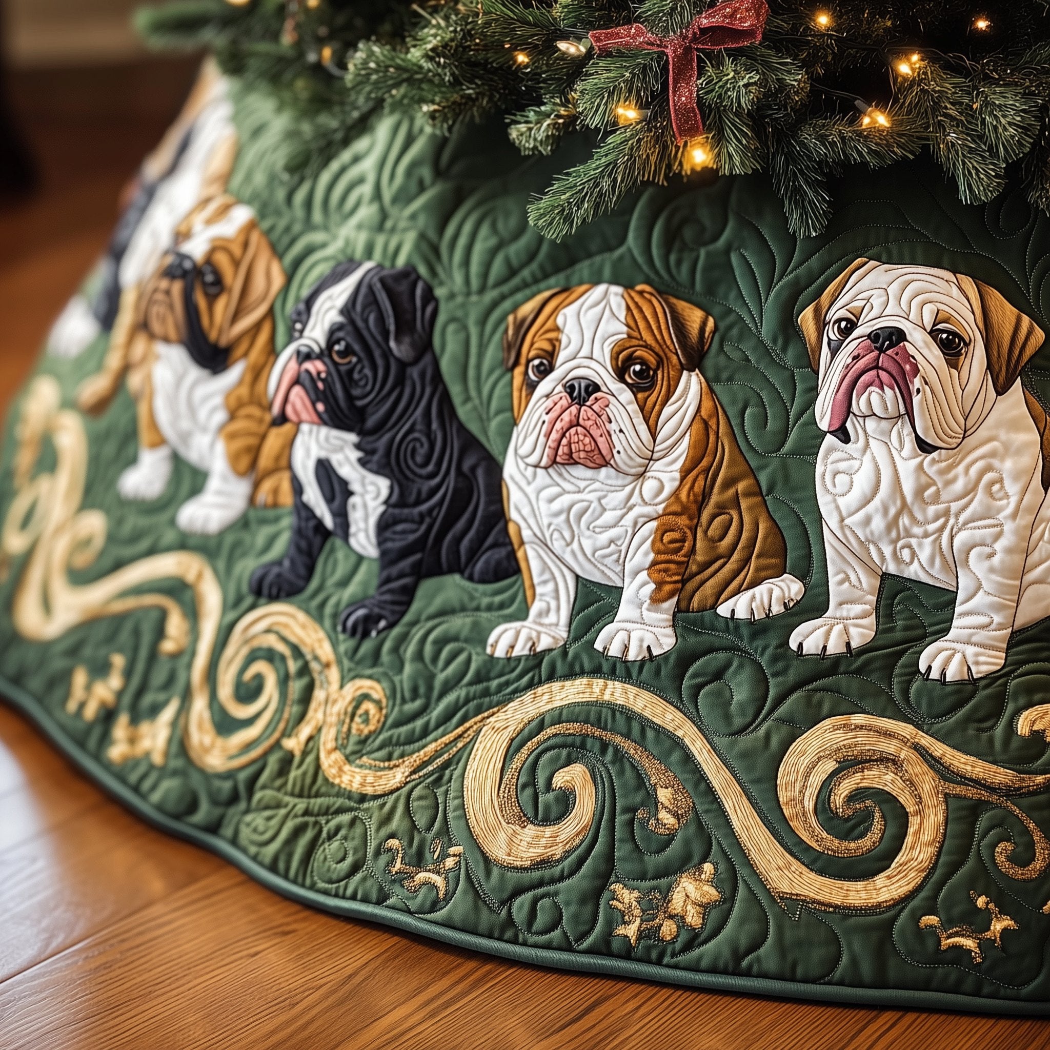 Black and White Bulldogs on Green Christmas Tree Skirt