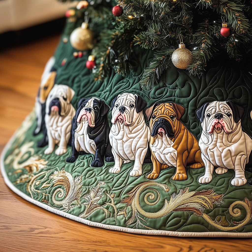 Row of Bulldogs on Green Christmas Tree Skirt