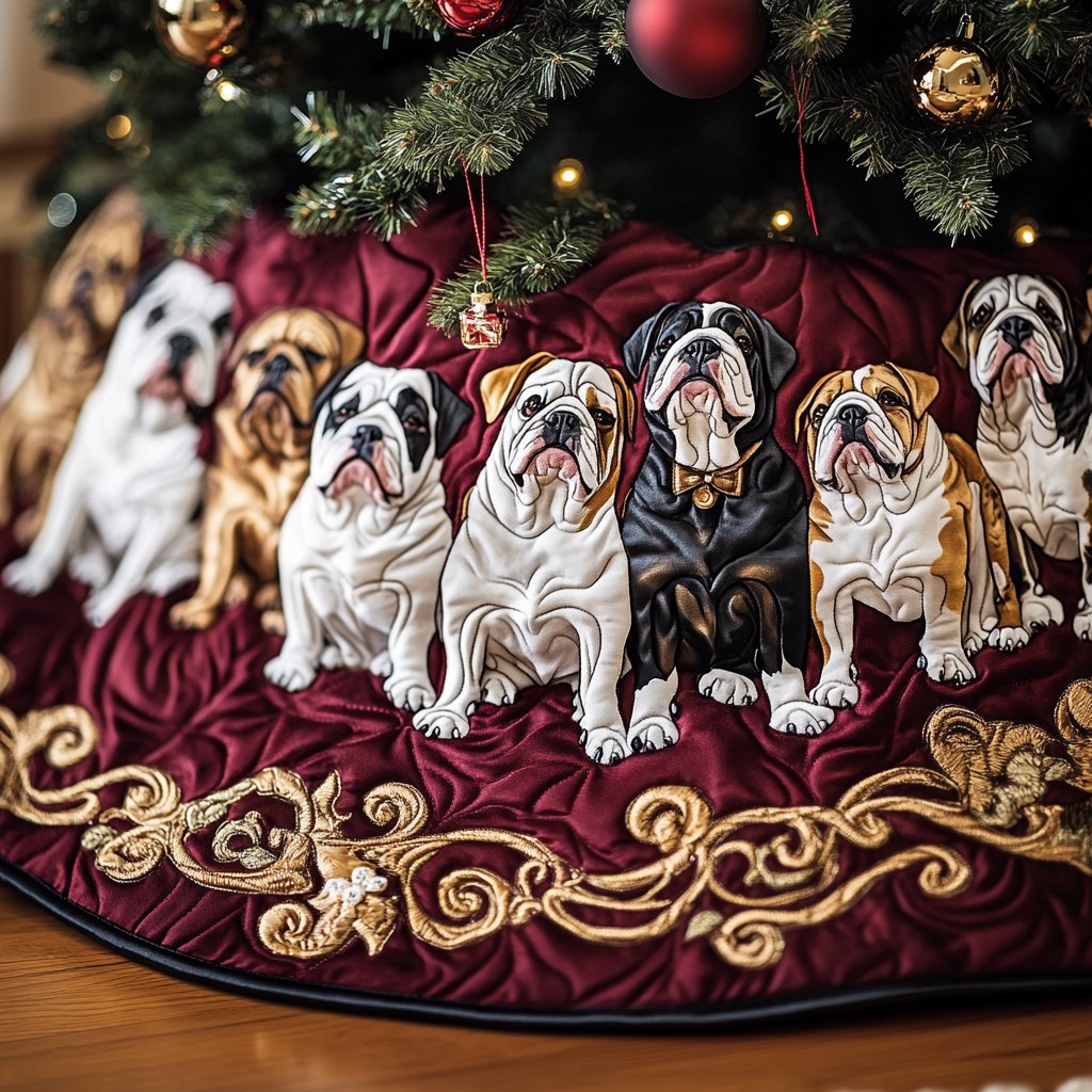 Bulldogs on Deep Burgundy Christmas Tree Skirt