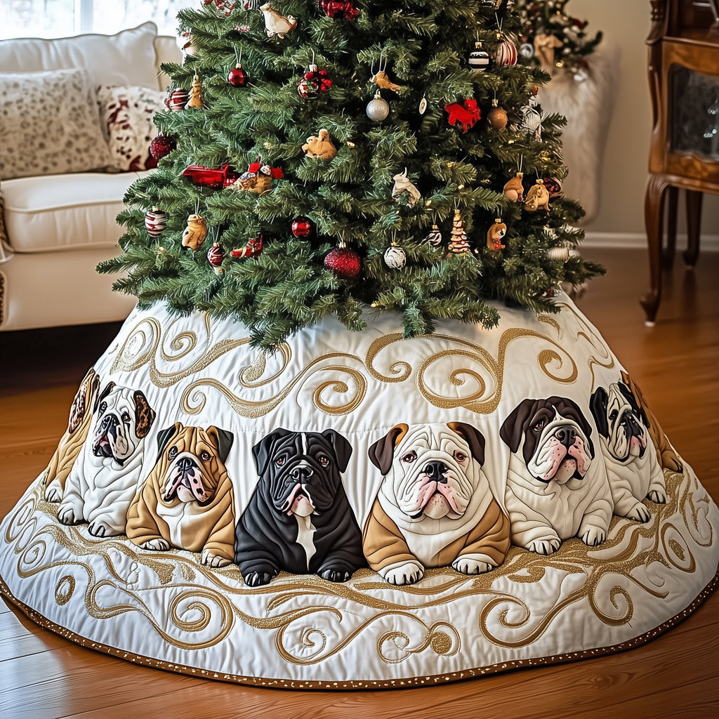 Bulldogs on White Gold Swirls Christmas Tree Skirt