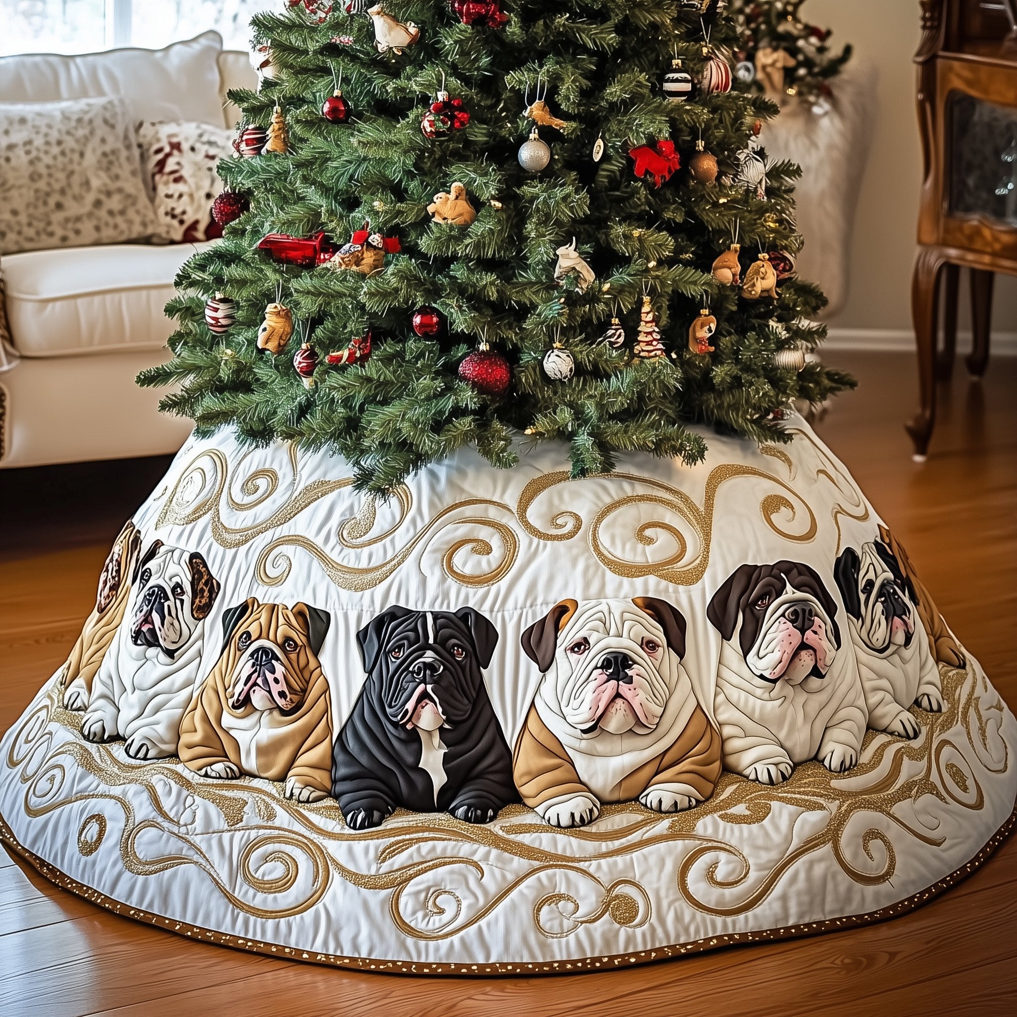 Bulldogs on White Gold Swirls Christmas Tree Skirt