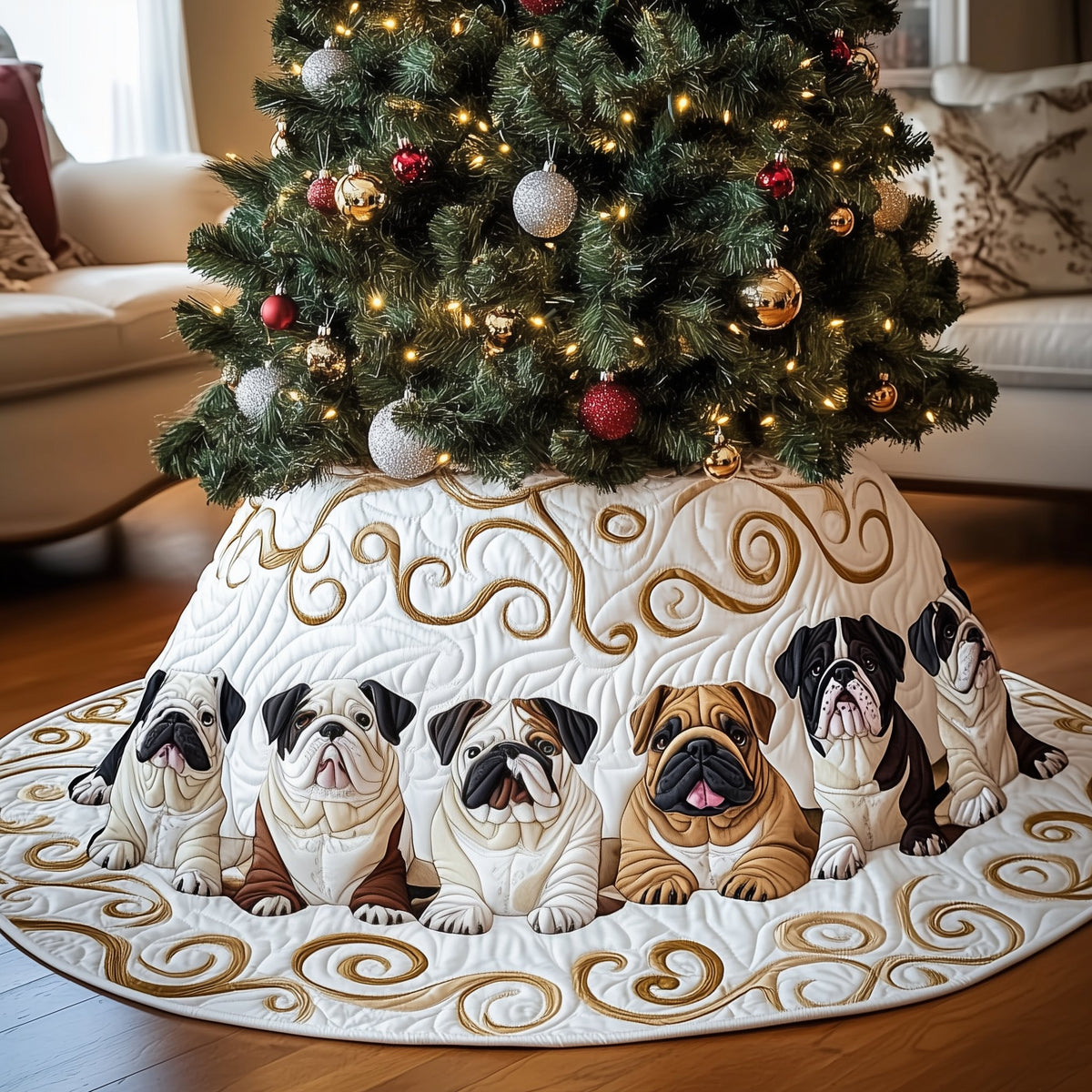 Bulldogs on Ivory Swirl Quilt Christmas Tree Skirt