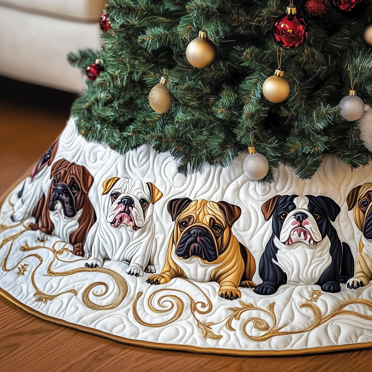 Bulldog Group on White Quilt Christmas Tree Skirt