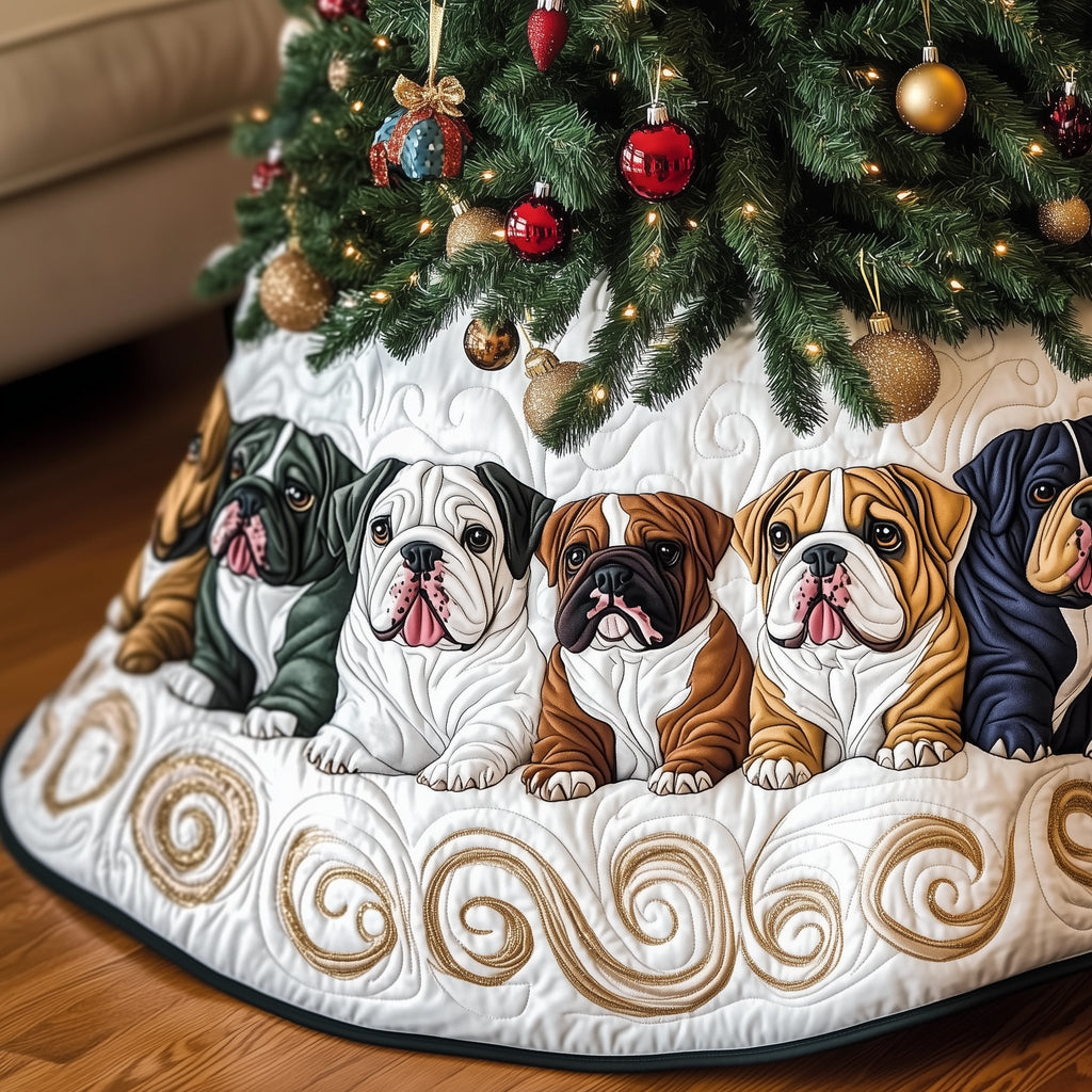 Brown and Black Bulldogs on White Christmas Tree Skirt
