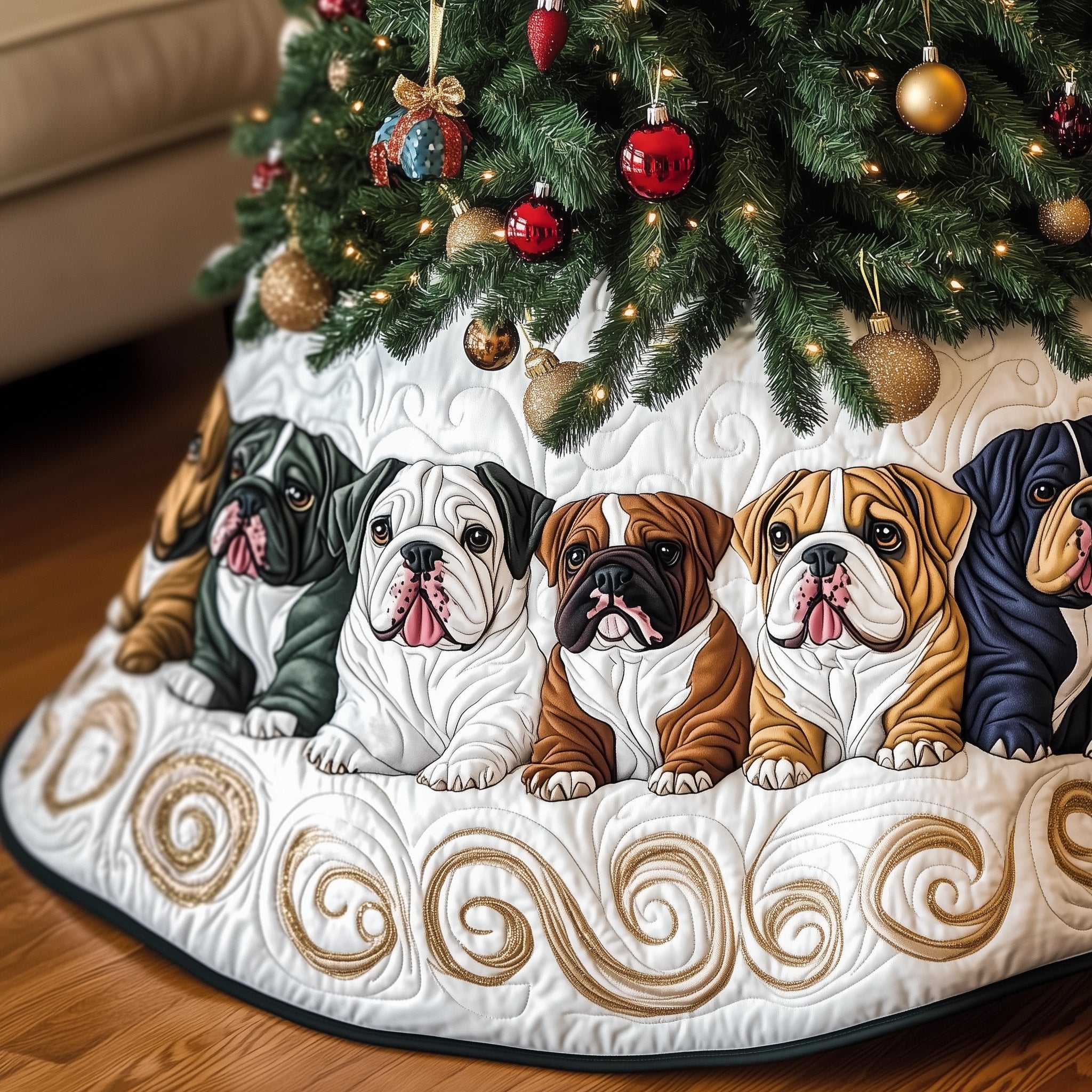 Brown and Black Bulldogs on White Christmas Tree Skirt