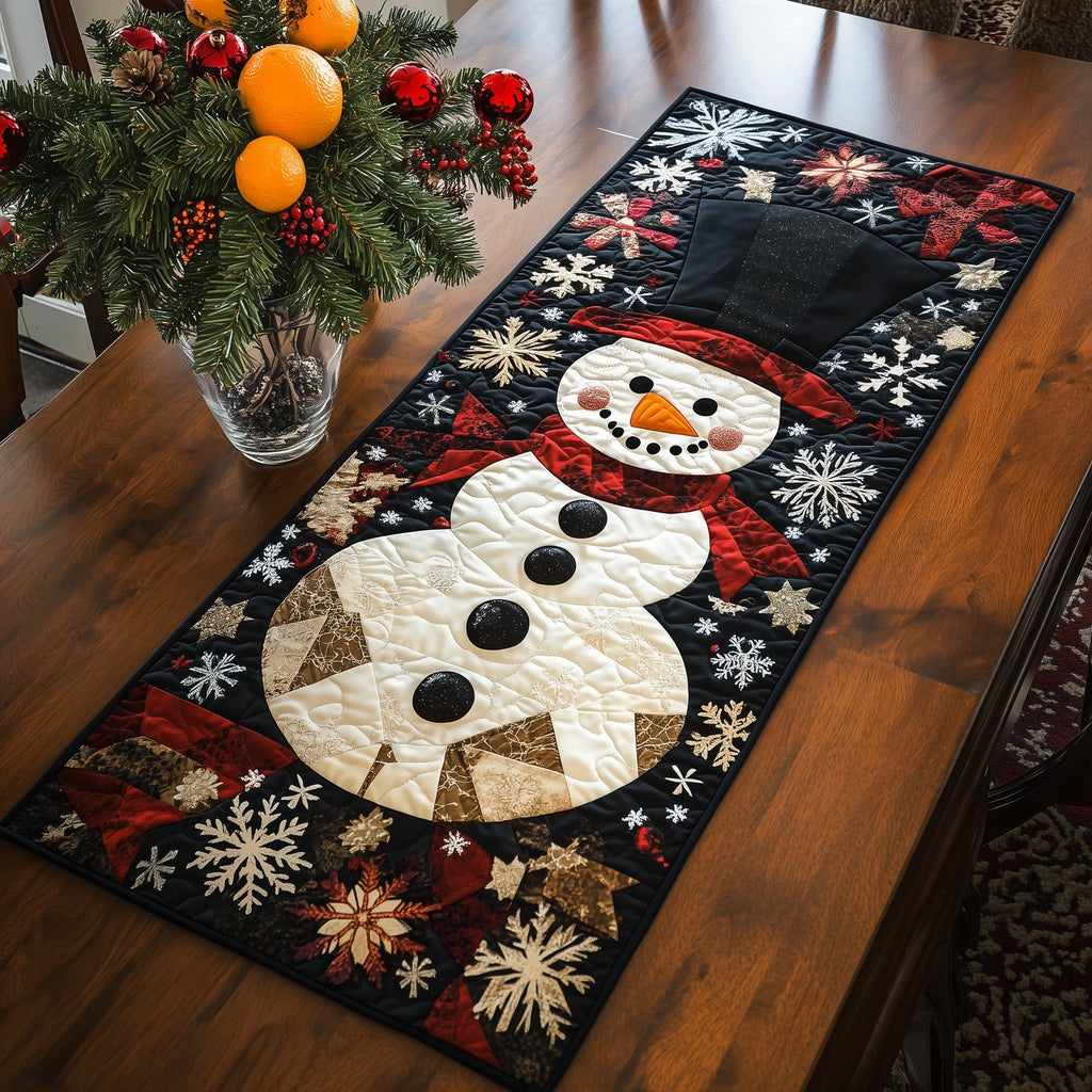 Snowman with Red Scarf on Snowflakes Table Runner