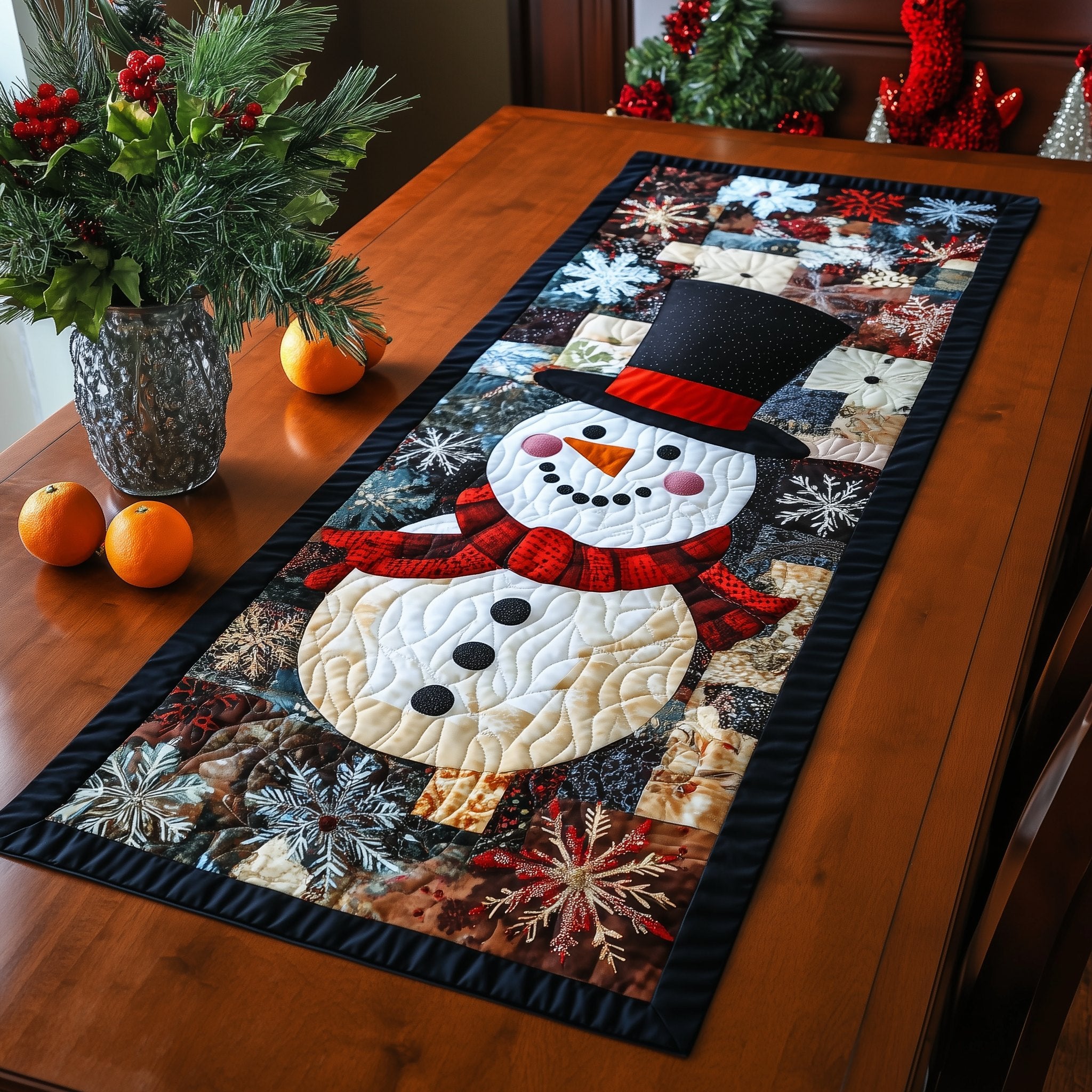 Snowman in Black Hat on Patchwork Table Runner