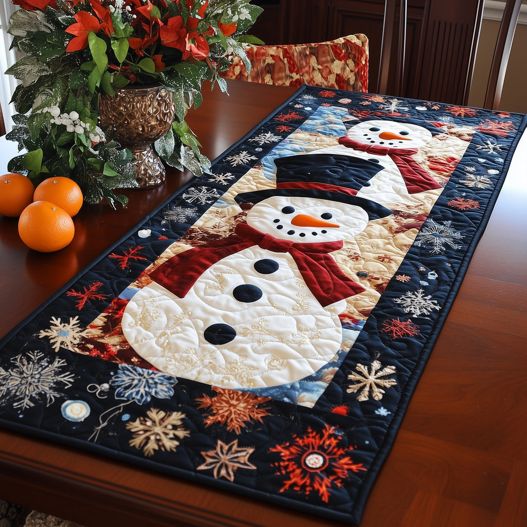 Snowman with Red Scarf and Snowflake Border Table Runner