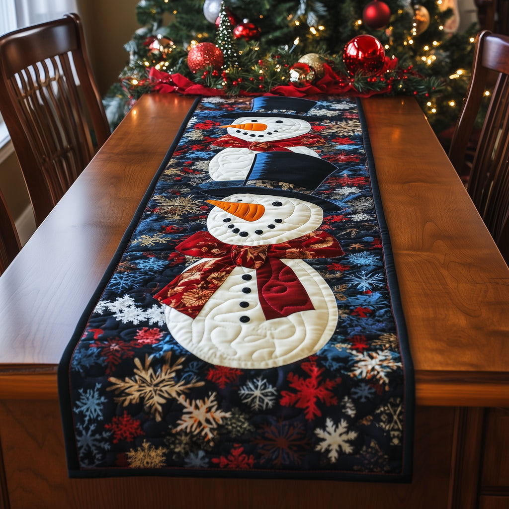Two Snowmen on Navy Snowflake Panel Table Runner