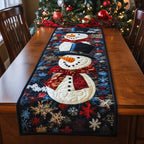 Two Snowmen on Navy Snowflake Panel Table Runner