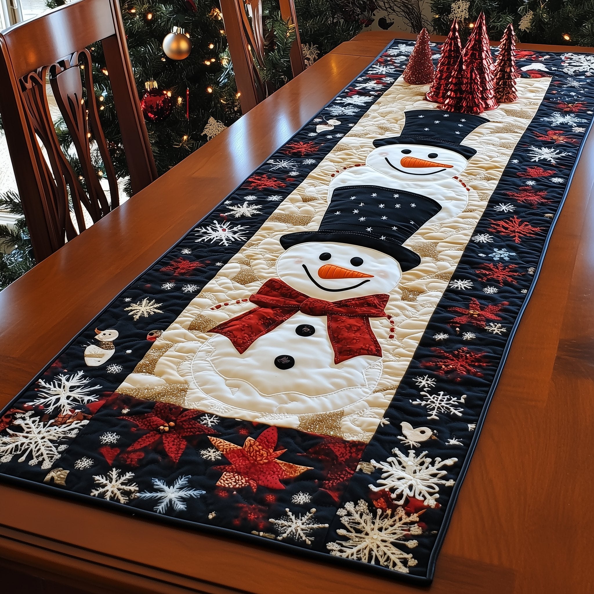 Smiling Snowman with Red Bow Tie Table Runner